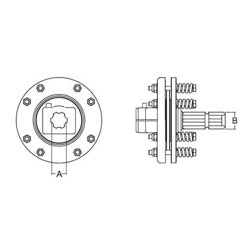 Friction clutch with round bore pin connection and spindle connection